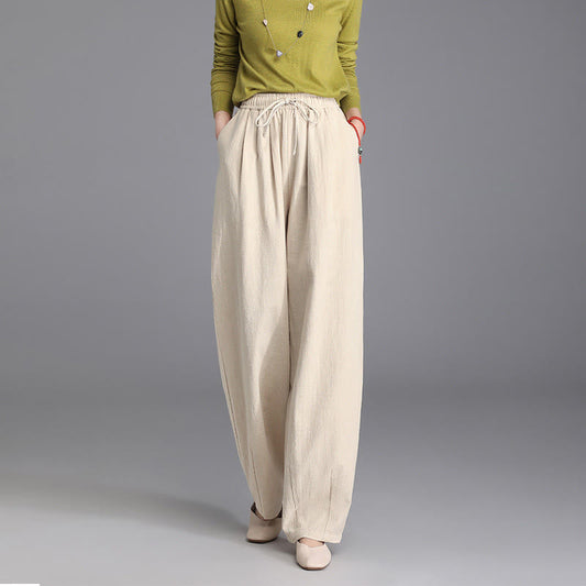 Buddha Stones Women's Casual Vintage Plain Drawstring Carrot Design Cotton Linen Pants With Pockets