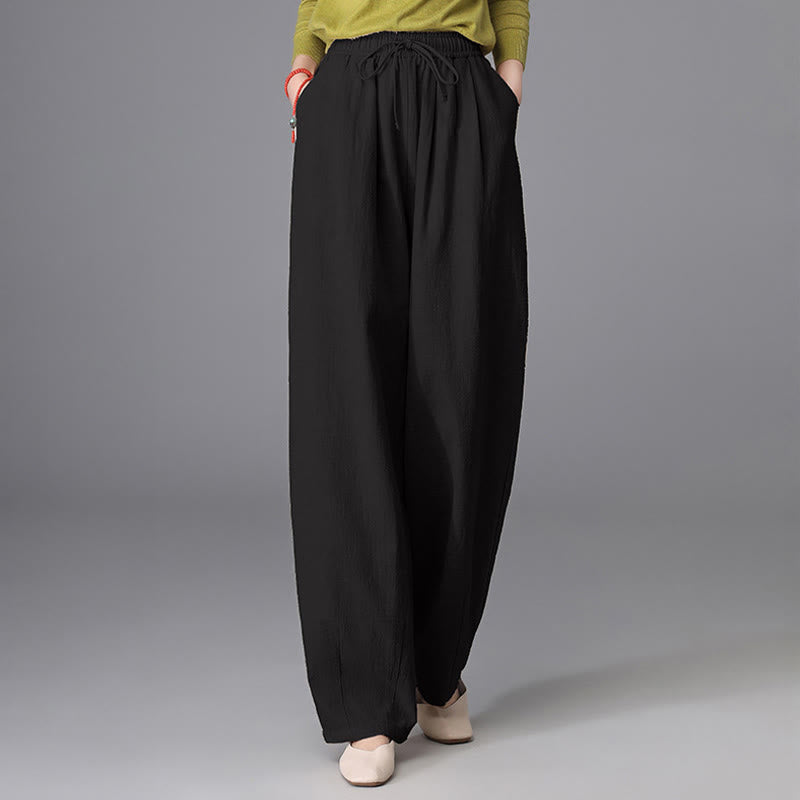 Buddha Stones Women's Casual Vintage Plain Drawstring Carrot Design Cotton Linen Pants With Pockets
