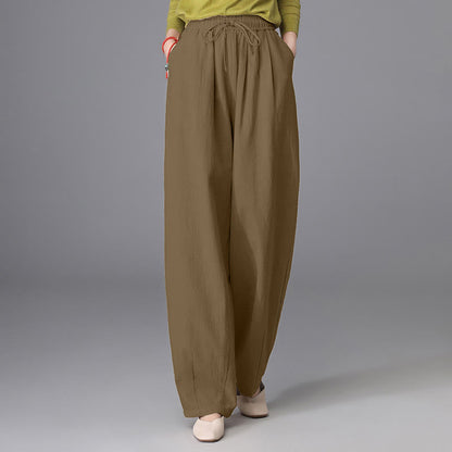 Buddha Stones Women's Casual Vintage Plain Drawstring Carrot Design Cotton Linen Pants With Pockets