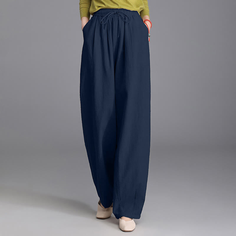 Buddha Stones Women's Casual Vintage Plain Drawstring Carrot Design Cotton Linen Pants With Pockets