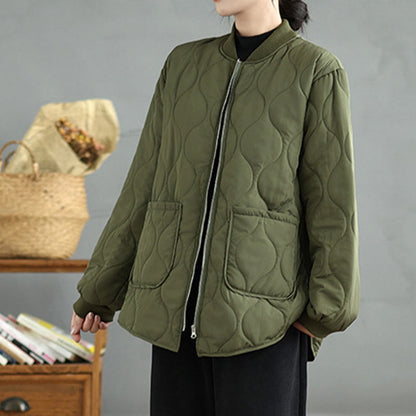 Buddha Stones Women's Plain Zipper Design Cotton Long Sleeve Jacket With Pockets