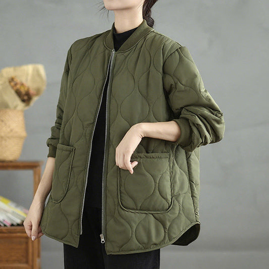 Buddha Stones Women's Plain Zipper Design Cotton Long Sleeve Jacket With Pockets
