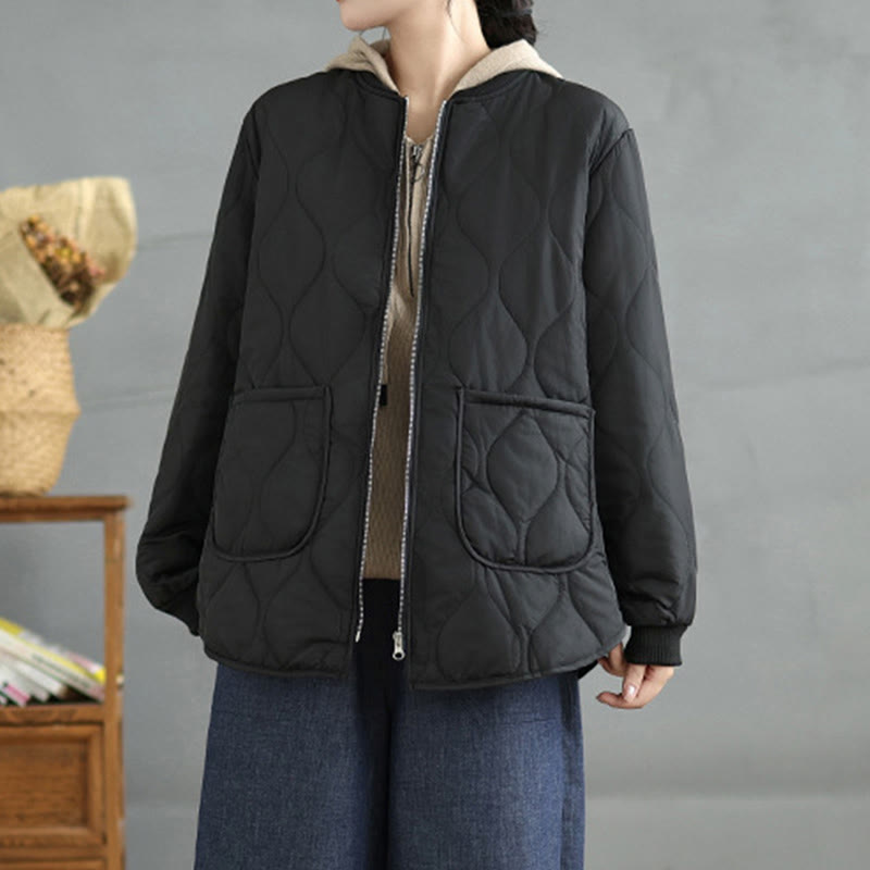 Buddha Stones Women's Plain Zipper Design Cotton Long Sleeve Jacket With Pockets