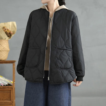 Buddha Stones Women's Plain Zipper Design Cotton Long Sleeve Jacket With Pockets