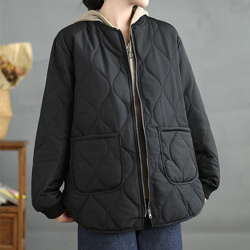 Buddha Stones Women's Plain Zipper Design Cotton Long Sleeve Jacket With Pockets