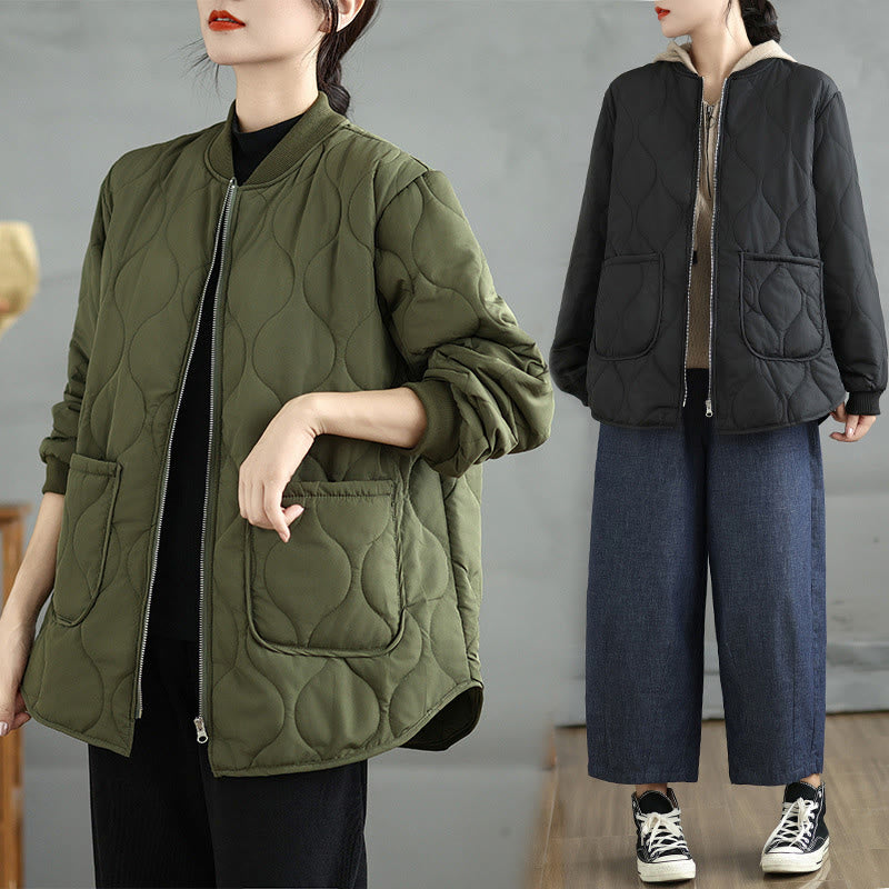 Buddha Stones Women's Plain Zipper Design Cotton Long Sleeve Jacket With Pockets