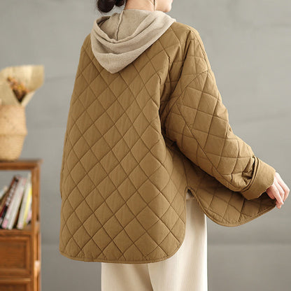 Buddha Stones Women's Buttons Design Cotton Thermal Diamond-quilted Long Sleeve Jacket With Pockets