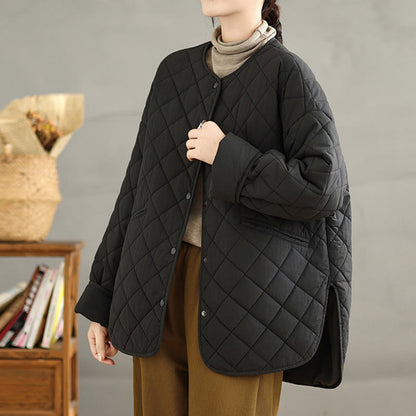 Buddha Stones Women's Buttons Design Cotton Thermal Diamond-quilted Long Sleeve Jacket With Pockets