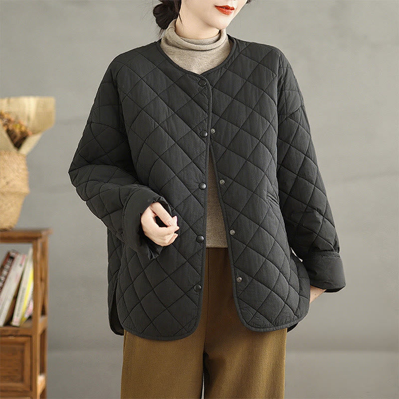 Buddha Stones Women's Buttons Design Cotton Thermal Diamond-quilted Long Sleeve Jacket With Pockets