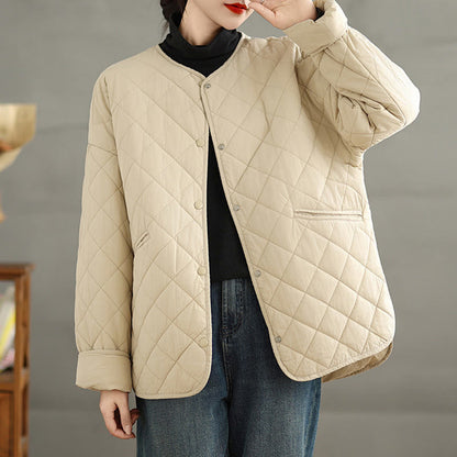 Buddha Stones Women's Buttons Design Cotton Thermal Diamond-quilted Long Sleeve Jacket With Pockets