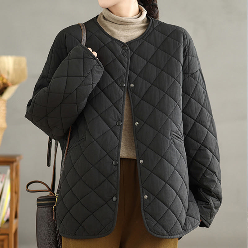Buddha Stones Women's Buttons Design Cotton Thermal Diamond-quilted Long Sleeve Jacket With Pockets