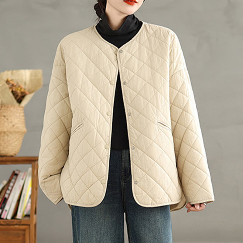 Buddha Stones Women's Buttons Design Cotton Thermal Diamond-quilted Long Sleeve Jacket With Pockets