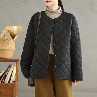 Buddha Stones Women's Buttons Design Cotton Thermal Diamond-quilted Long Sleeve Jacket With Pockets