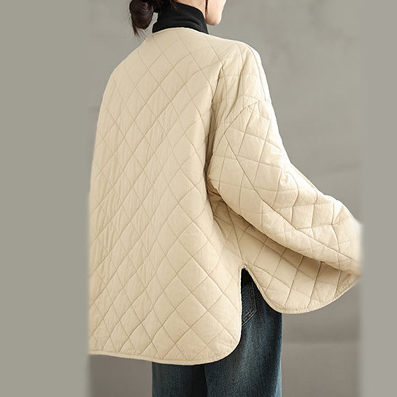 Buddha Stones Women's Buttons Design Cotton Thermal Diamond-quilted Long Sleeve Jacket With Pockets