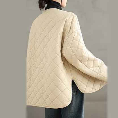 Buddha Stones Women's Buttons Design Cotton Thermal Diamond-quilted Long Sleeve Jacket With Pockets