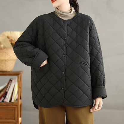 Buddha Stones Women's Buttons Design Cotton Thermal Diamond-quilted Long Sleeve Jacket With Pockets