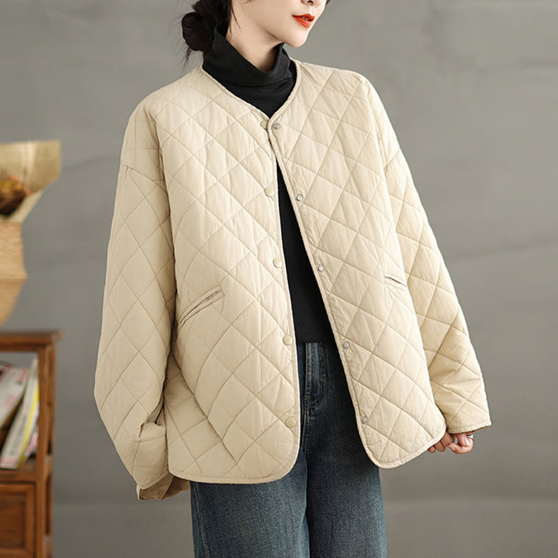 Buddha Stones Women's Buttons Design Cotton Thermal Diamond-quilted Long Sleeve Jacket With Pockets