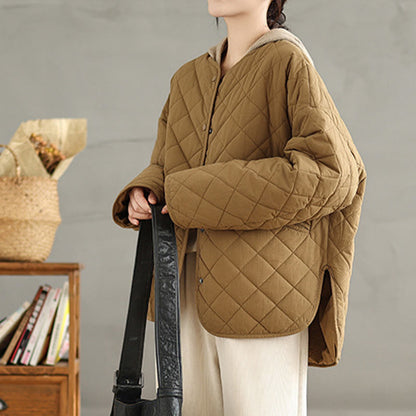 Buddha Stones Women's Buttons Design Cotton Thermal Diamond-quilted Long Sleeve Jacket With Pockets
