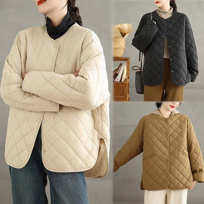Buddha Stones Women's Buttons Design Cotton Thermal Diamond-quilted Long Sleeve Jacket With Pockets