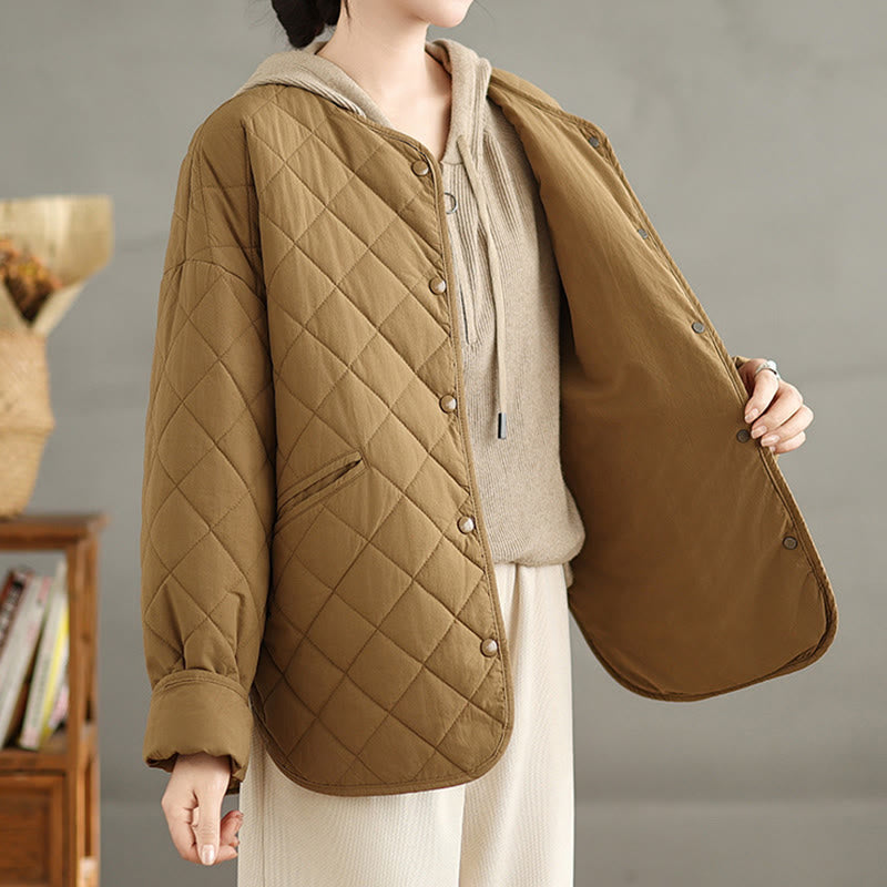 Buddha Stones Women's Buttons Design Cotton Thermal Diamond-quilted Long Sleeve Jacket With Pockets