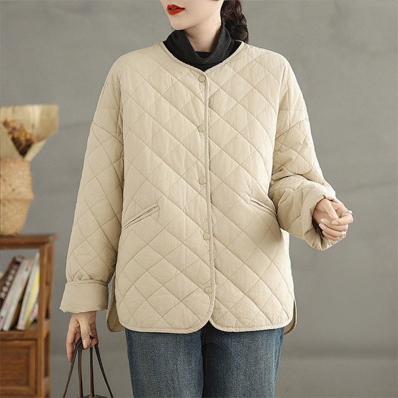 Buddha Stones Women's Buttons Design Cotton Thermal Diamond-quilted Long Sleeve Jacket With Pockets