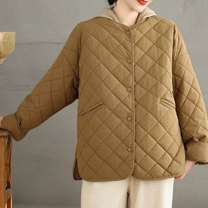Buddha Stones Women's Buttons Design Cotton Thermal Diamond-quilted Long Sleeve Jacket With Pockets