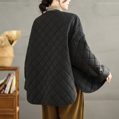 Buddha Stones Women's Buttons Design Cotton Thermal Diamond-quilted Long Sleeve Jacket With Pockets