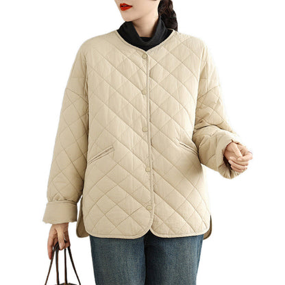 Buddha Stones Women's Buttons Design Cotton Thermal Diamond-quilted Long Sleeve Jacket With Pockets