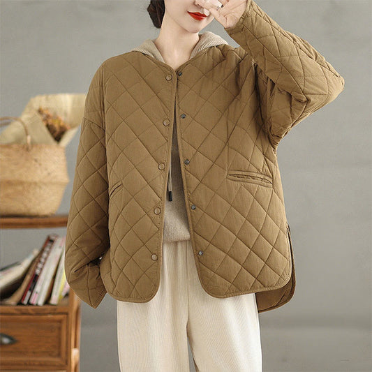 Buddha Stones Women's Buttons Design Cotton Thermal Diamond-quilted Long Sleeve Jacket With Pockets