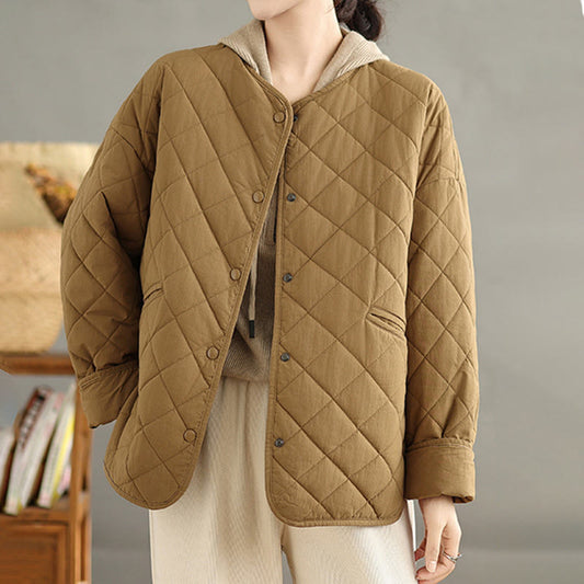 Buddha Stones Women's Buttons Design Cotton Thermal Diamond-quilted Long Sleeve Jacket With Pockets
