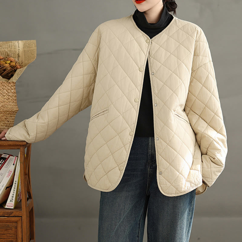 Buddha Stones Women's Buttons Design Cotton Thermal Diamond-quilted Long Sleeve Jacket With Pockets