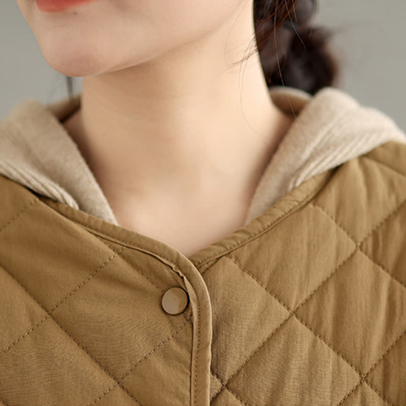 Buddha Stones Women's Buttons Design Cotton Thermal Diamond-quilted Long Sleeve Jacket With Pockets