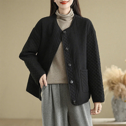 Buddha Stones Women's Vintage Buttons Simple Design Long Sleeve Cotton Jacket With Pockets