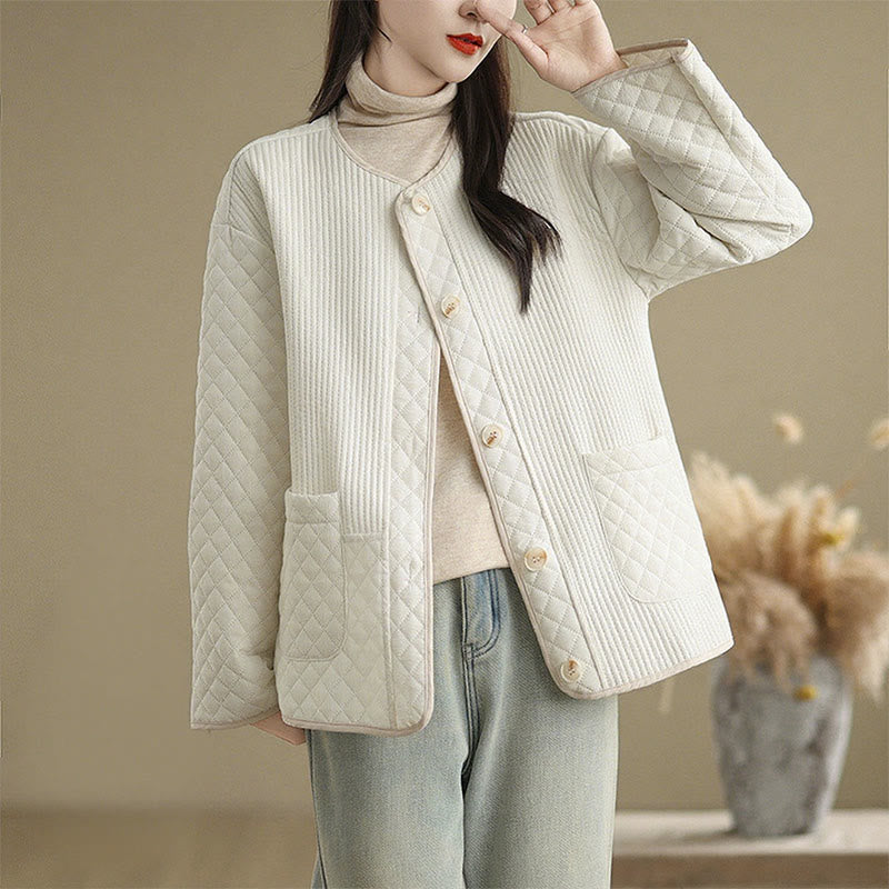 Buddha Stones Women's Vintage Buttons Simple Design Long Sleeve Cotton Jacket With Pockets