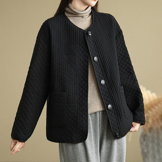 Buddha Stones Women's Vintage Buttons Simple Design Long Sleeve Cotton Jacket With Pockets