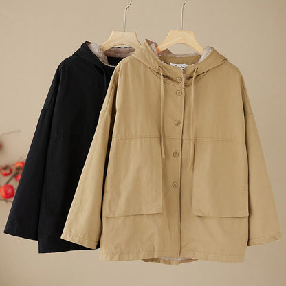 Buddha Stones Women's Plain Long Sleeve Hoodie Cotton Thermal Fleece-Lined Jacket With Pockets