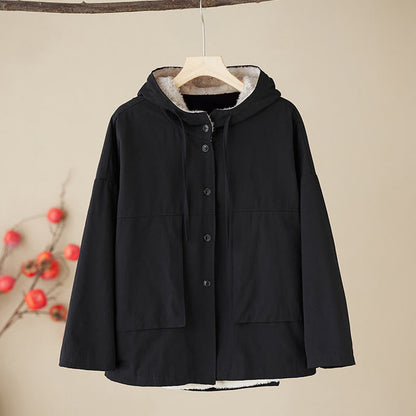 Buddha Stones Women's Plain Long Sleeve Hoodie Cotton Thermal Fleece-Lined Jacket With Pockets