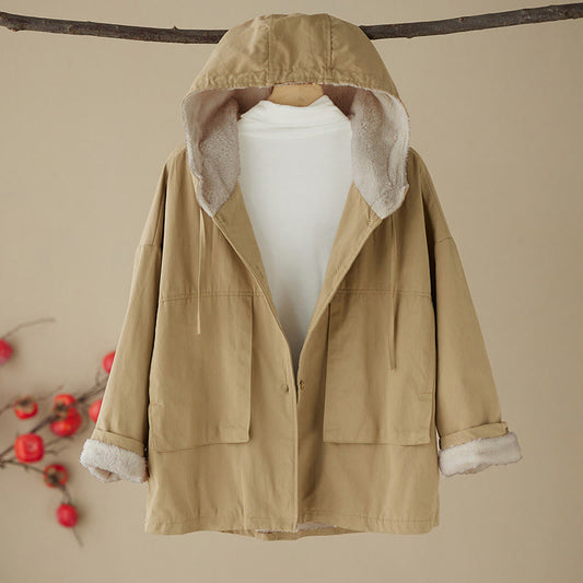 Buddha Stones Women's Plain Long Sleeve Hoodie Cotton Thermal Fleece-Lined Jacket With Pockets