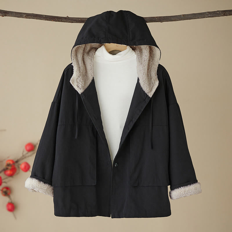 Buddha Stones Women's Plain Long Sleeve Hoodie Cotton Thermal Fleece-Lined Jacket With Pockets