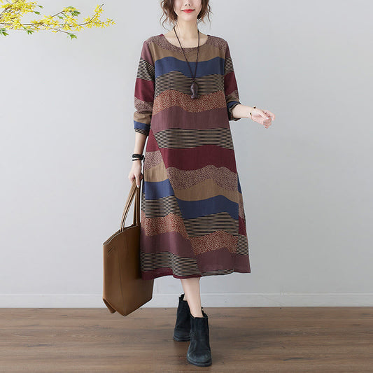 Buddha Stones Ethnic Printing Striped Pattern Long Sleeve Cotton Linen Midi Dress With Pockets