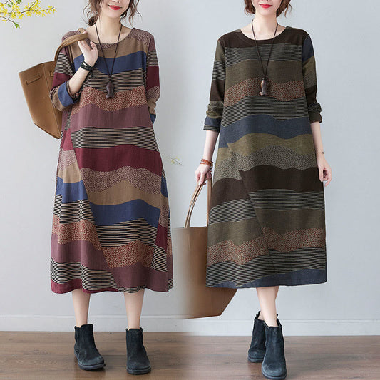 Buddha Stones Ethnic Printing Striped Pattern Long Sleeve Cotton Linen Midi Dress With Pockets