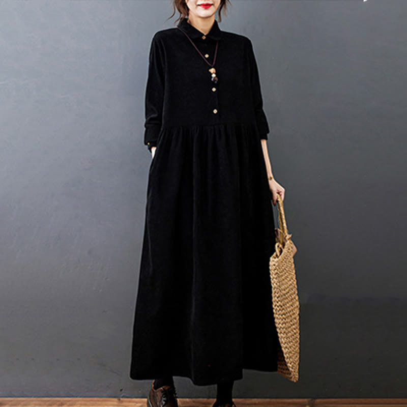 Buddha Stones Fall Buttons Design Long Sleeve Cotton Corduroy Midi Dress With Pockets