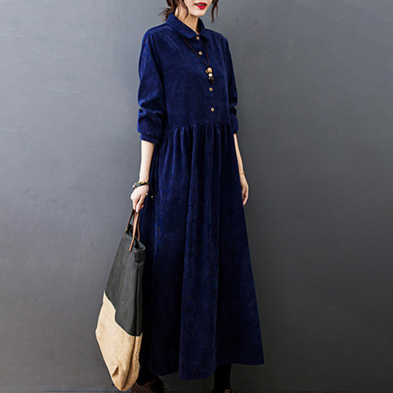 Buddha Stones Fall Buttons Design Long Sleeve Cotton Corduroy Midi Dress With Pockets