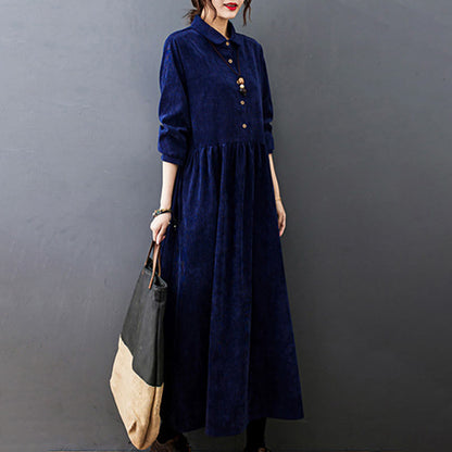 Buddha Stones Fall Buttons Design Long Sleeve Cotton Corduroy Midi Dress With Pockets
