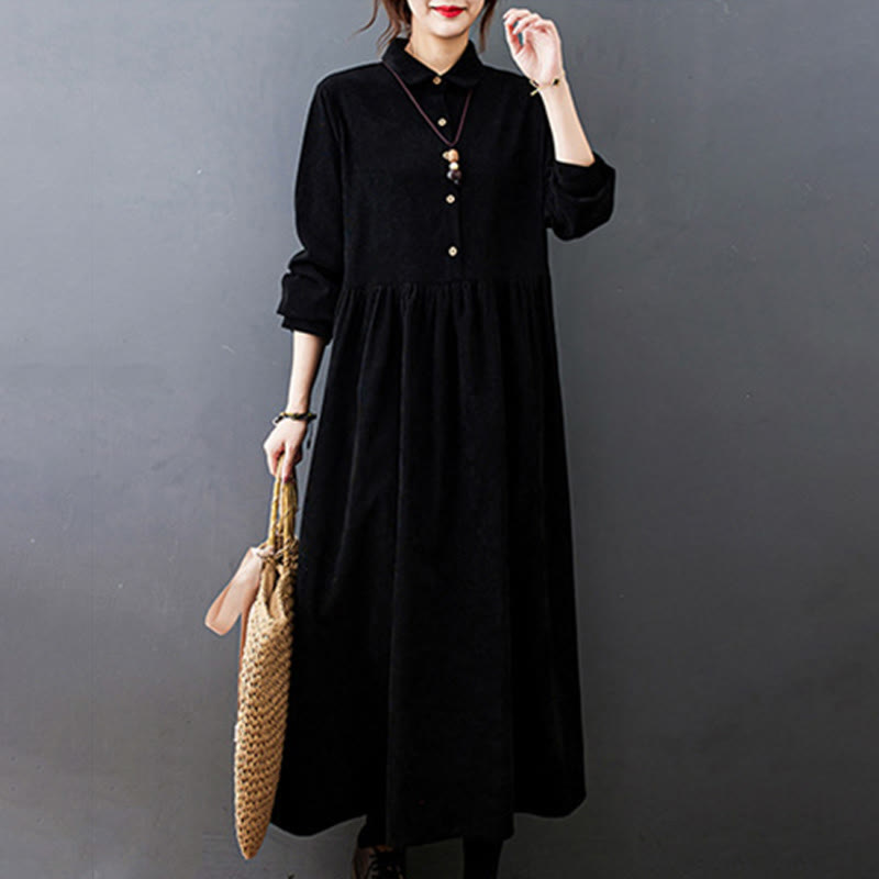 Buddha Stones Fall Buttons Design Long Sleeve Cotton Corduroy Midi Dress With Pockets