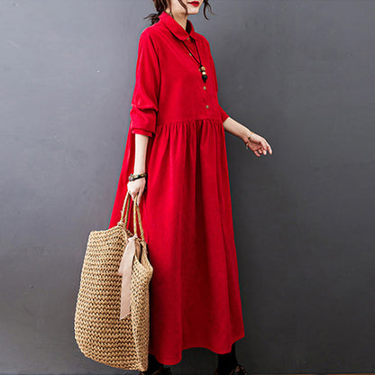 Buddha Stones Fall Buttons Design Long Sleeve Cotton Corduroy Midi Dress With Pockets
