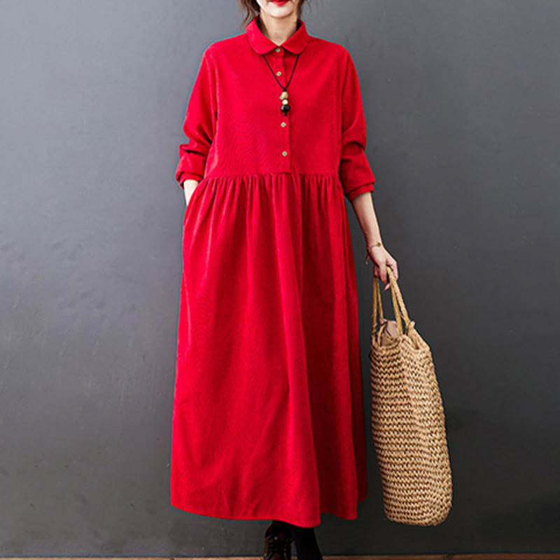 Buddha Stones Fall Buttons Design Long Sleeve Cotton Corduroy Midi Dress With Pockets