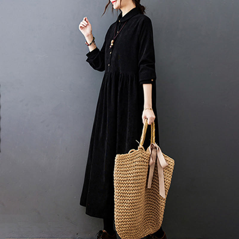 Buddha Stones Fall Buttons Design Long Sleeve Cotton Corduroy Midi Dress With Pockets