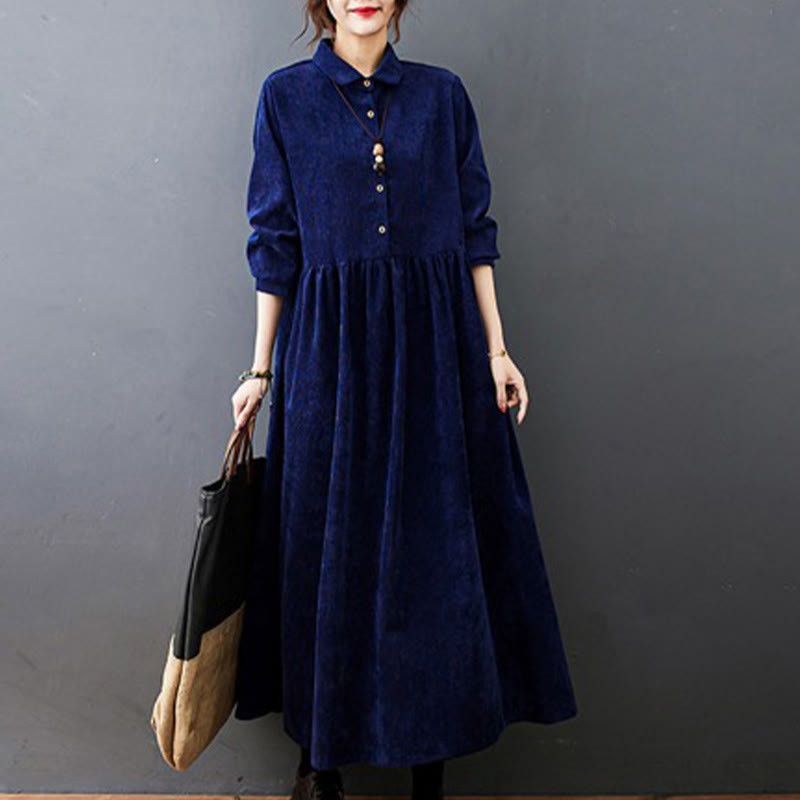 Buddha Stones Fall Buttons Design Long Sleeve Cotton Corduroy Midi Dress With Pockets