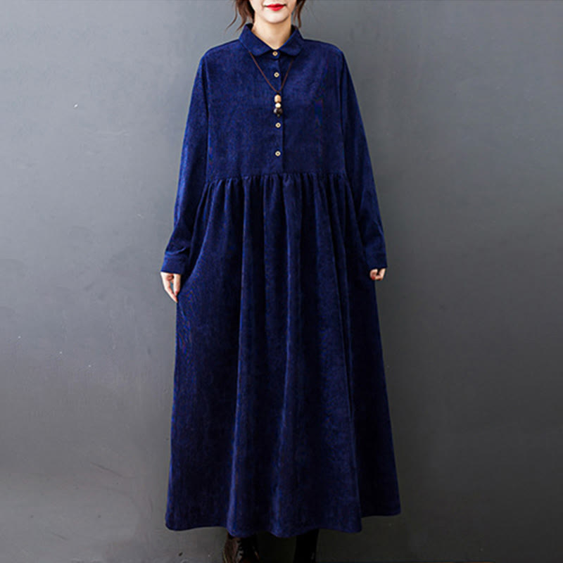 Buddha Stones Fall Buttons Design Long Sleeve Cotton Corduroy Midi Dress With Pockets